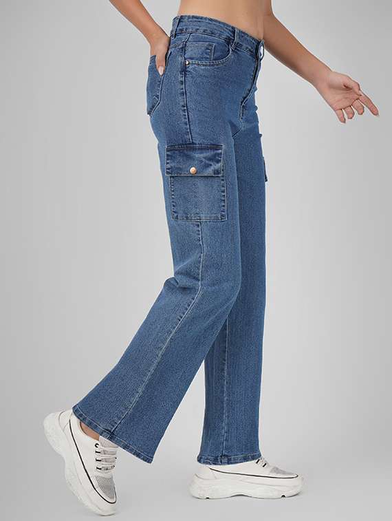 women solid high rise denim cargo - 22350652 -  Standard Image - 1