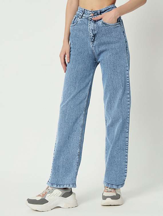 women solid high rise straight jean