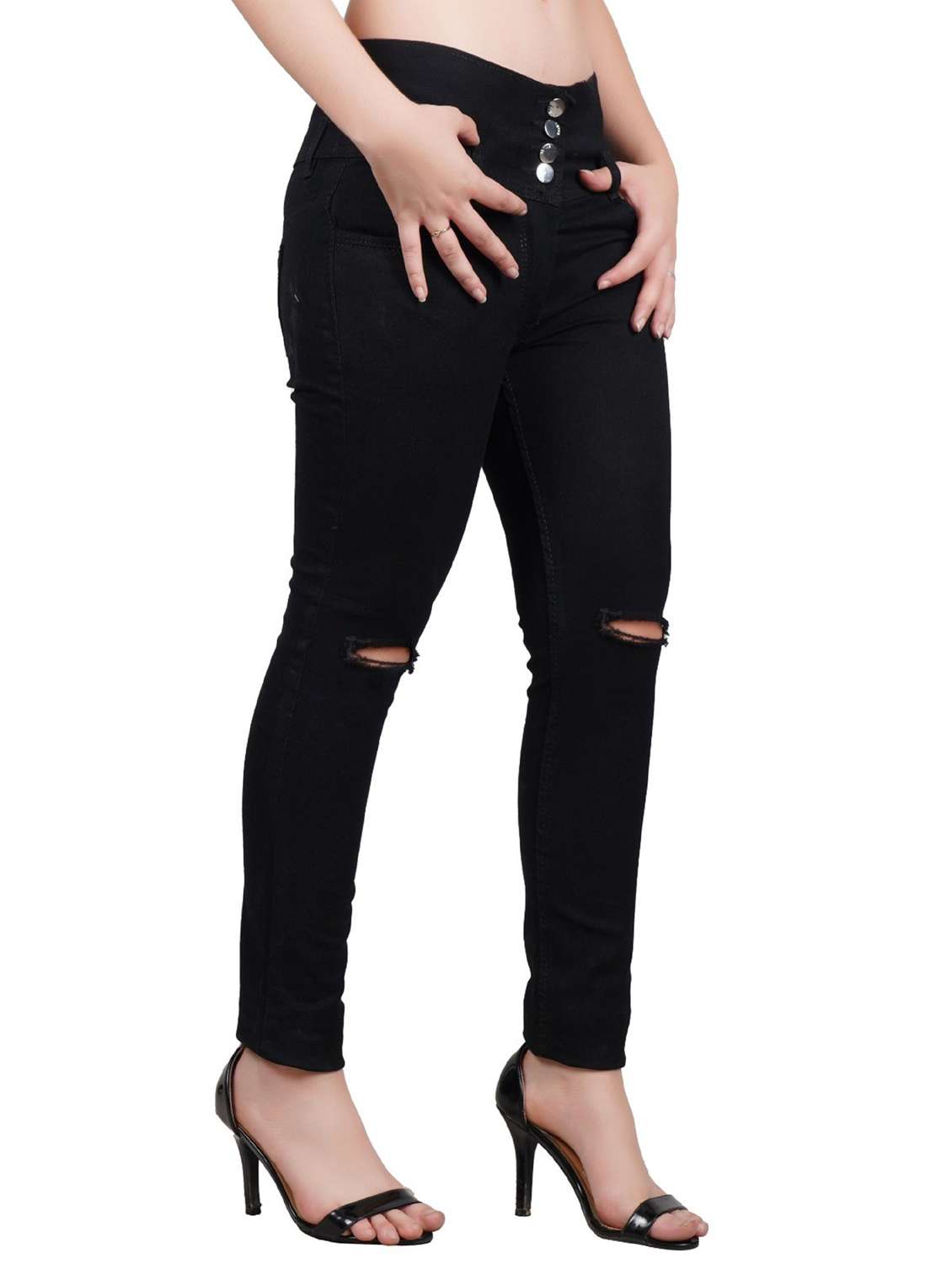 women slash knee high rise slim fit jeans