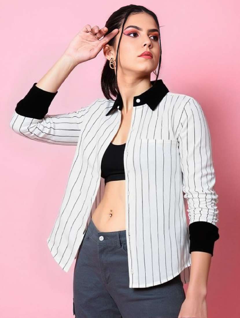 women striped collared short sleeve shirt