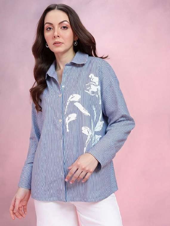 women striped collared long sleeve shirt - 22353114 -  Standard Image - 1