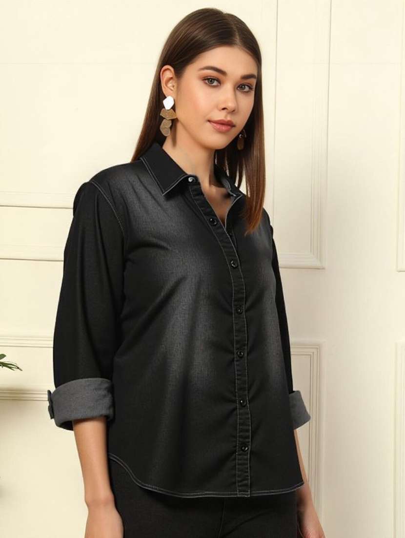 women solid collared short sleeve denim shirt - 22353184 -  Standard Image - 1