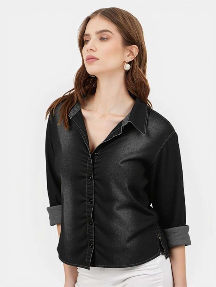 women solid collared short sleeve denim shirt