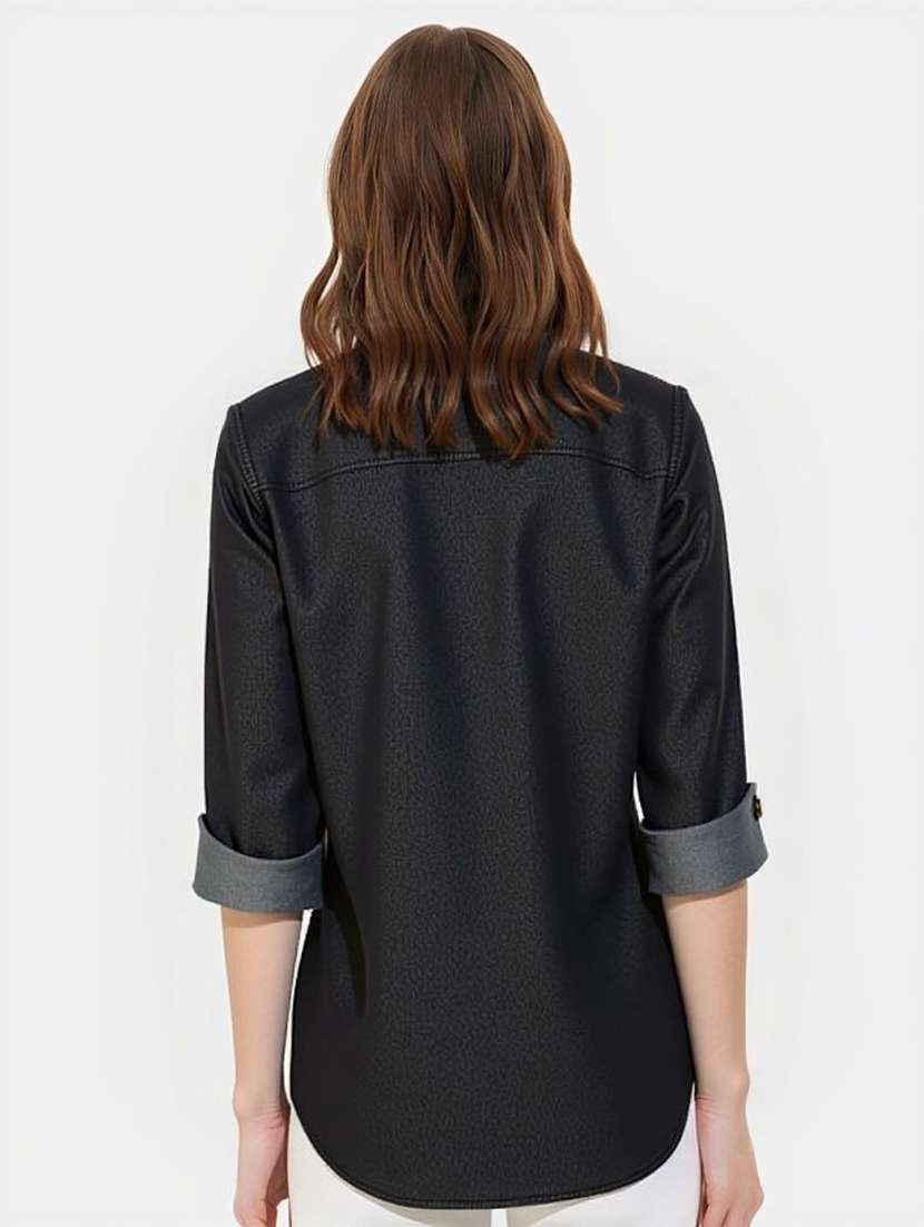 women solid collared short sleeve denim shirt - 22353185 -  Standard Image - 1