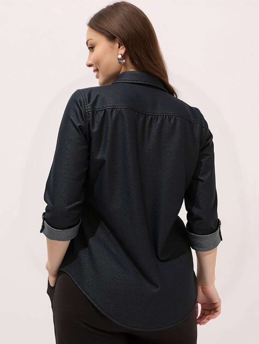 women solid collared short sleeve denim shirt - 22353191 -  Standard Image - 1