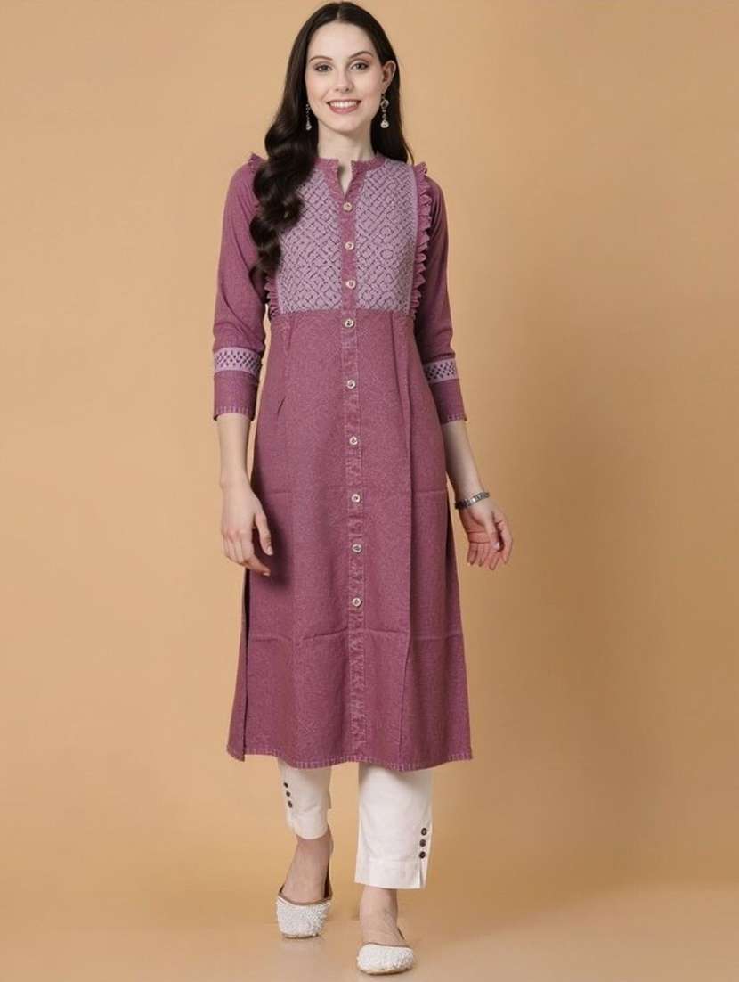 women solid with work three quarter sleeve a-line kurta - 22353198 -  Standard Image - 1
