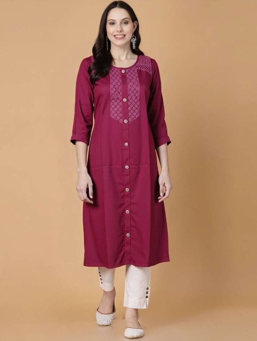women solid with work three quarter sleeve a-line kurta - 22353224 -  Standard Image - 1