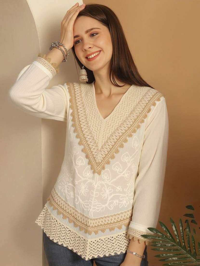 women solid with work three quarter sleeve ethnic top - 22353282 -  Standard Image - 1