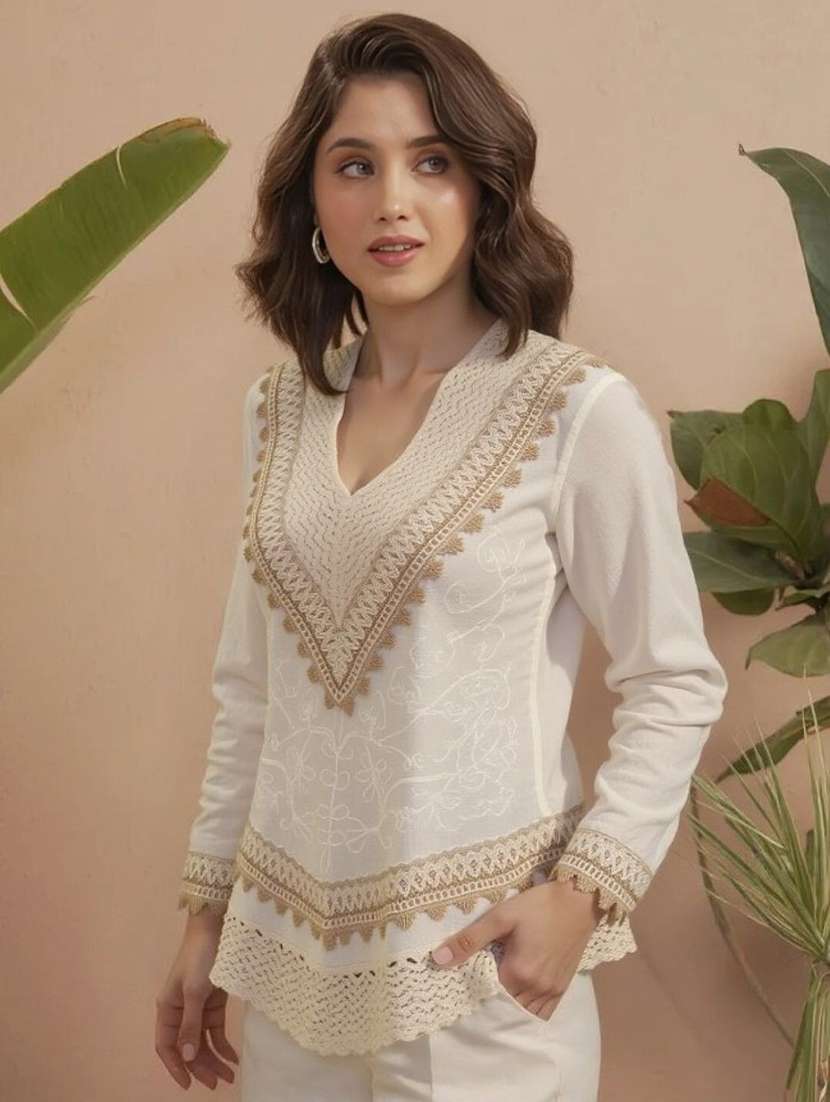 women solid with work three quarter sleeve ethnic top - 22353285 -  Standard Image - 1