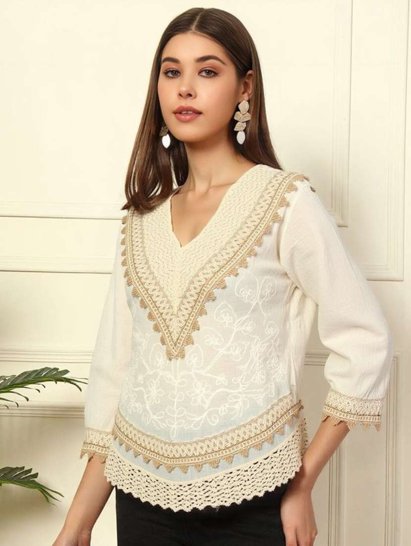 women solid with work three quarter sleeve ethnic top - 22353286 -  Standard Image - 1