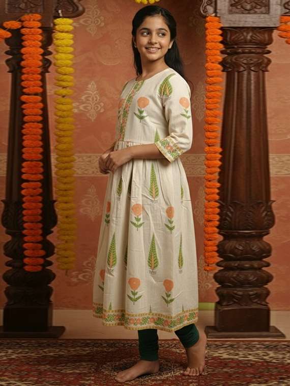 women printed three quarter sleeve flared kurta - 22353389 -  Standard Image - 1