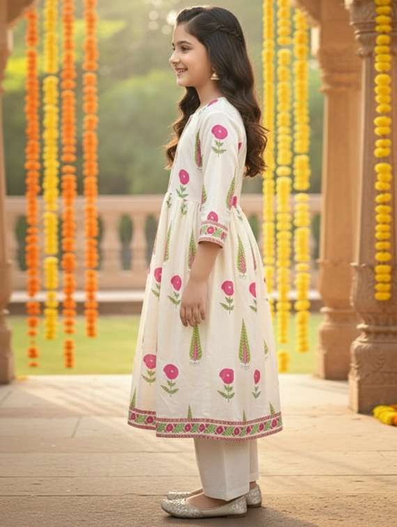 women printed three quarter sleeve flared kurta - 22353390 -  Standard Image - 1