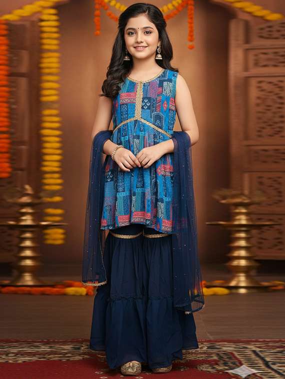 women printed kurta and sharara set with dupatta