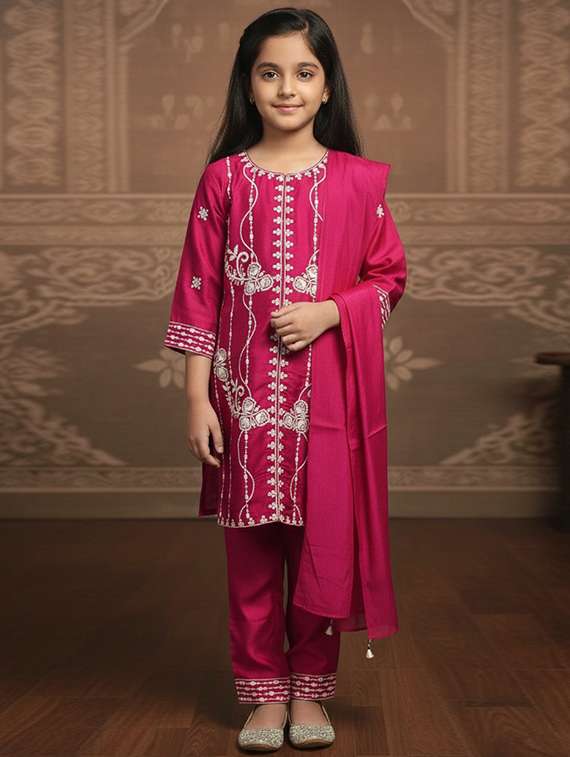 girls embroidered kurta and pant set with dupatta