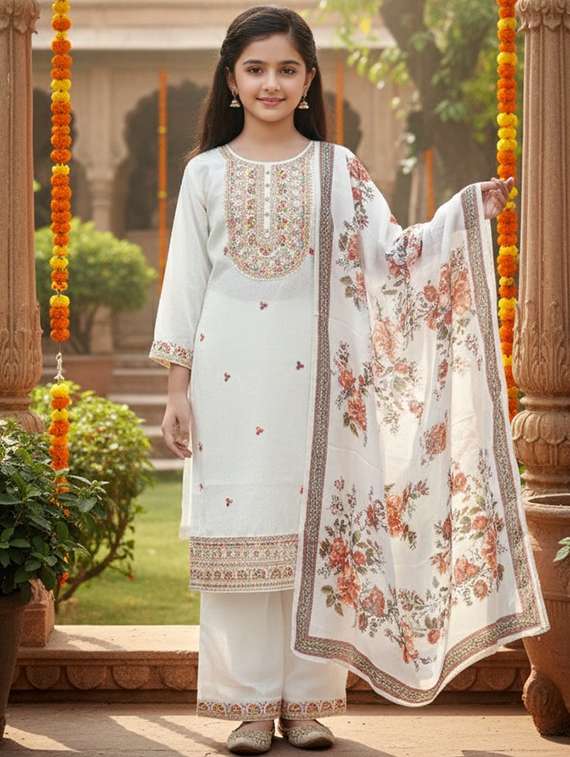 girls embroidered kurta and palazzo set with dupatta