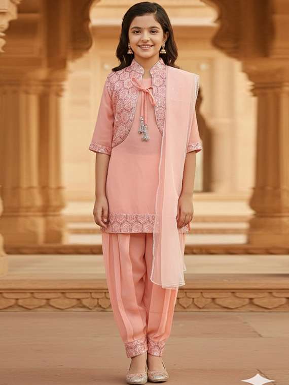 girls embelished kurta and salwar set with dupatta