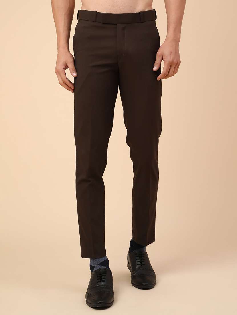 men brown cotton flat front trousers formal trouser