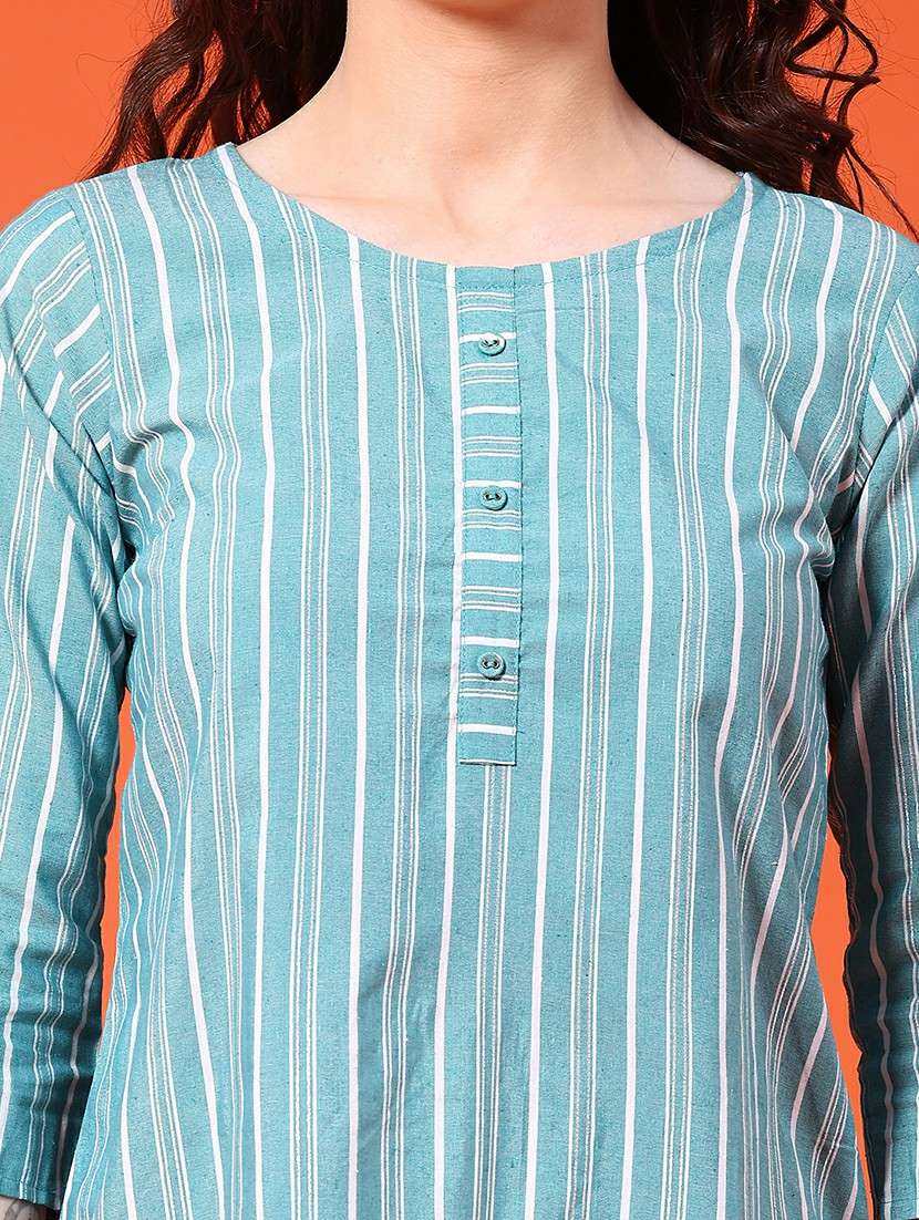 women striped three quarter sleeve straight kurta - 22354002 -  Standard Image - 1