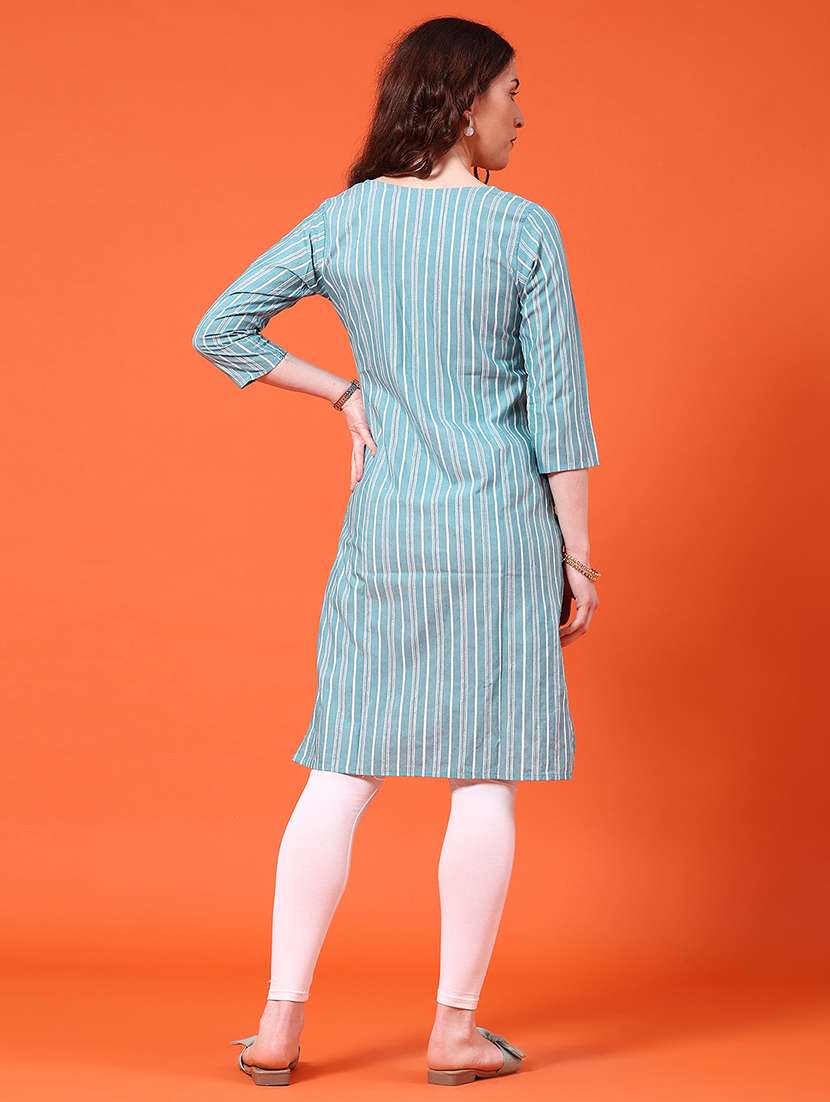 women striped three quarter sleeve straight kurta - 22354002 -  Standard Image - 4