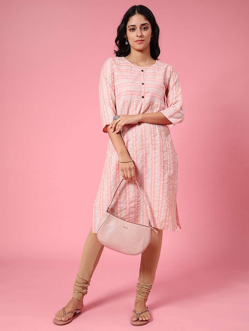 women peach cotton straight kurta - 22354004 -  Standard Image - 4