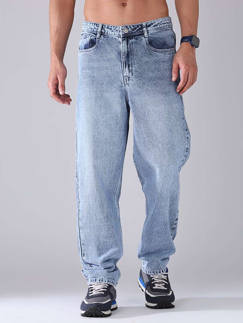 men washed mid rise baggy jeans