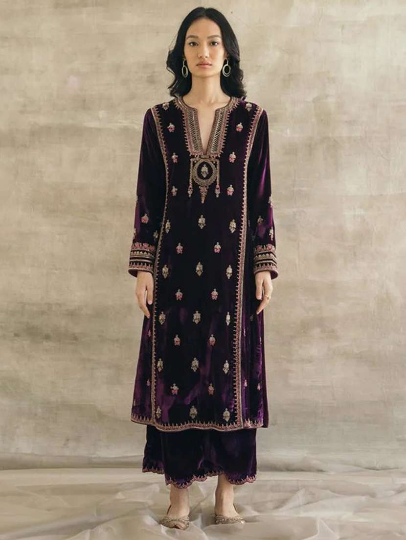 women solid with work long sleeve kurta pant with dupatta set - 22354327 -  Standard Image - 1