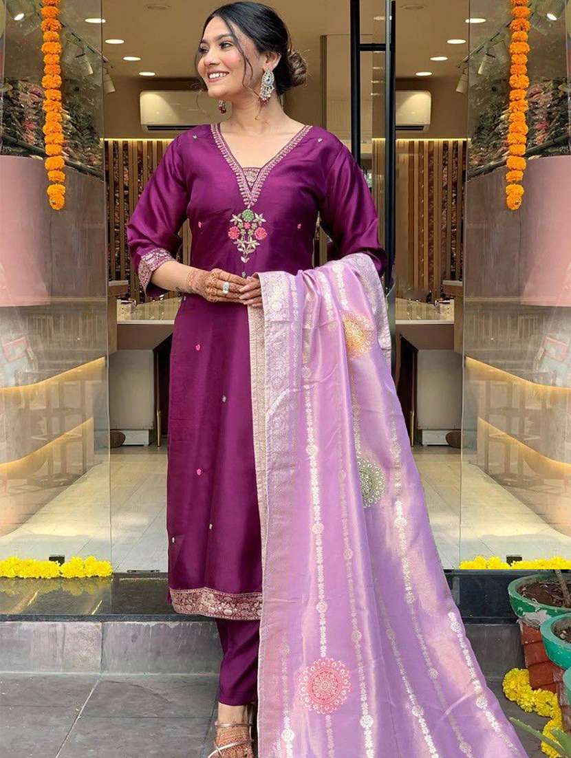 women solid with work three quarter sleeve kurta pant with dupatta set - 22354328 -  Standard Image - 1