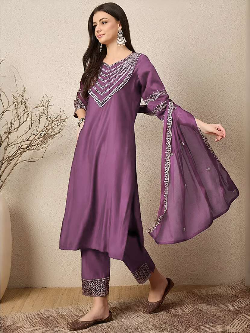 women solid with work three quarter sleeve kurta pant with dupatta set - 22354331 -  Standard Image - 1