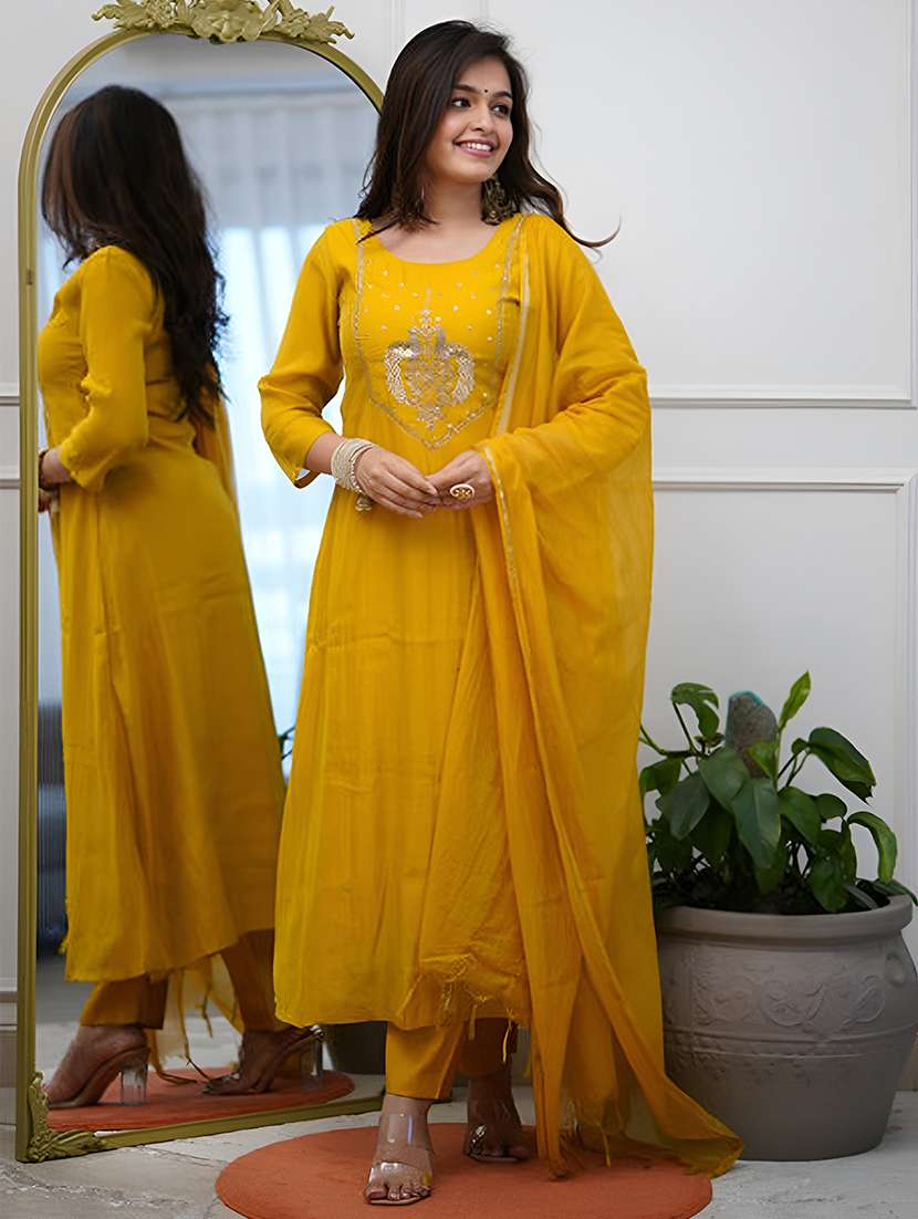 women solid with work three quarter sleeve kurta pant with dupatta set - 22354332 -  Standard Image - 1