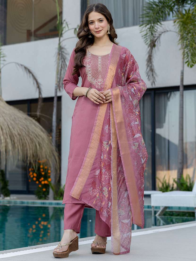women solid with work three quarter sleeve kurta pant with dupatta set - 22354333 -  Standard Image - 1