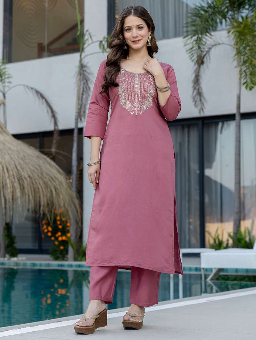 women solid with work three quarter sleeve kurta pant with dupatta set - 22354333 -  Standard Image - 4