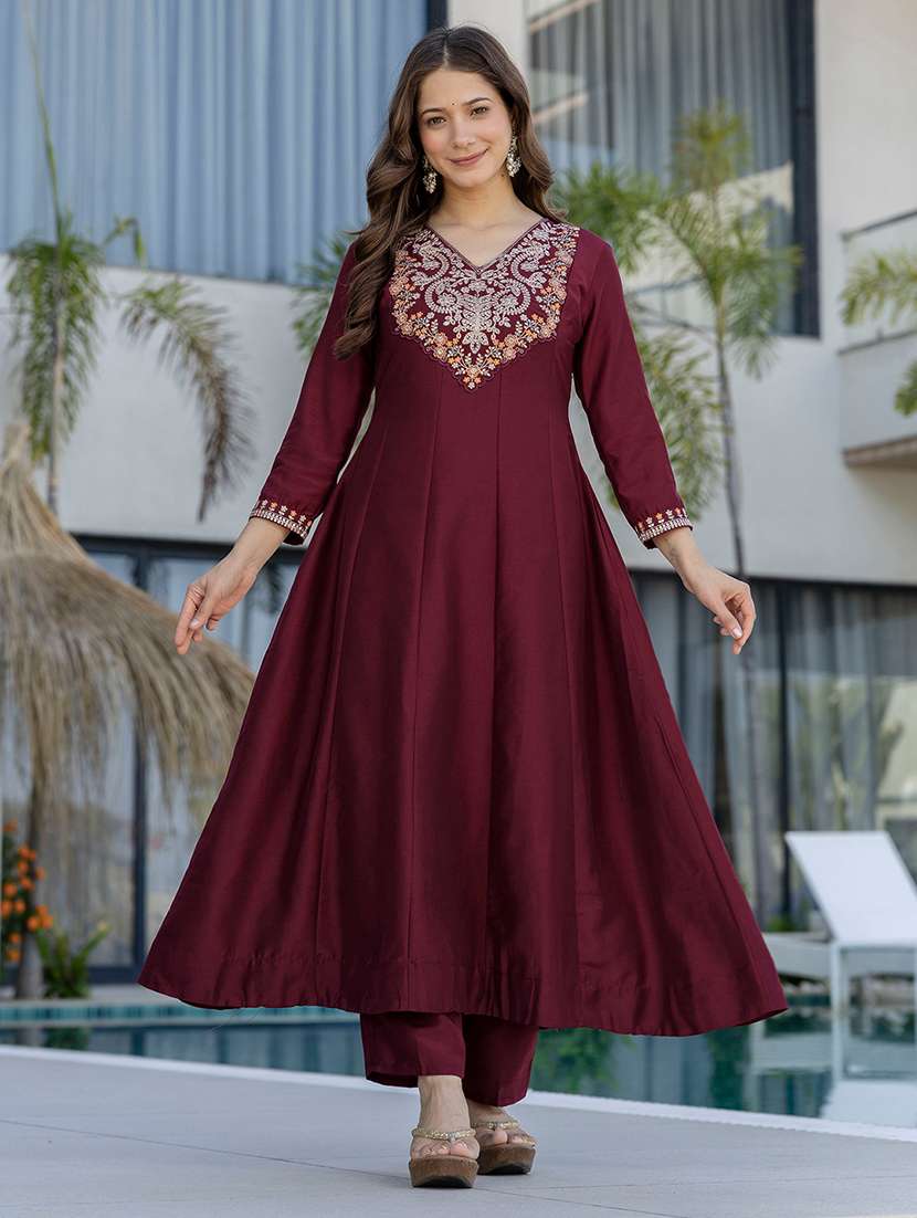 women solid with work three quarter sleeve kurta pant with dupatta set - 22354334 -  Standard Image - 1