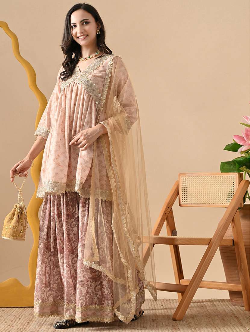women three quarter sleeve kurta sharara with dupatta set