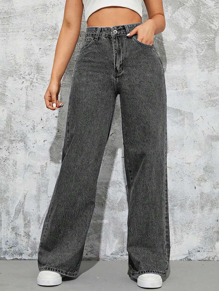 women solid high rise wide leg jeans - 22354530 -  Standard Image - 1
