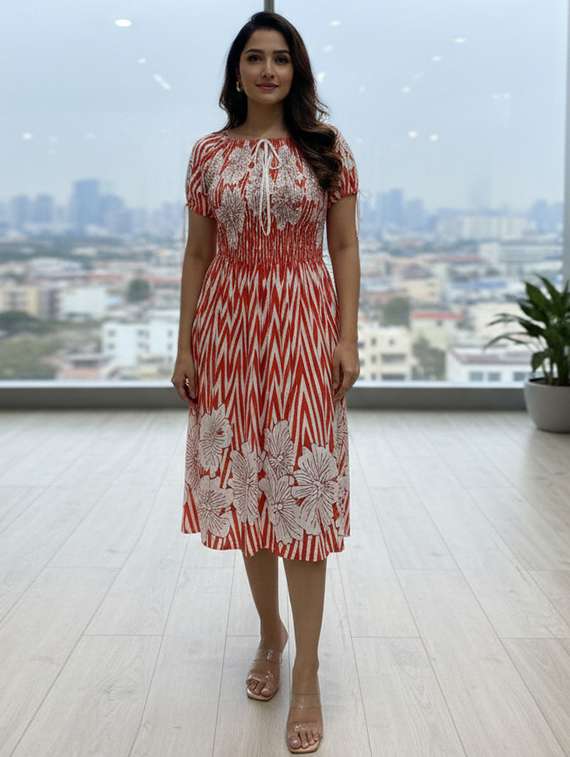 women printed short sleeve a-line dress