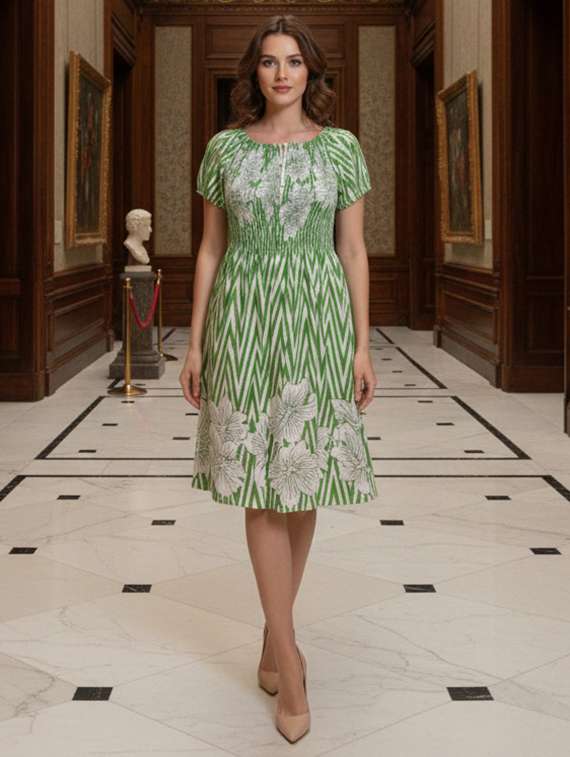 women printed short sleeve a-line dress