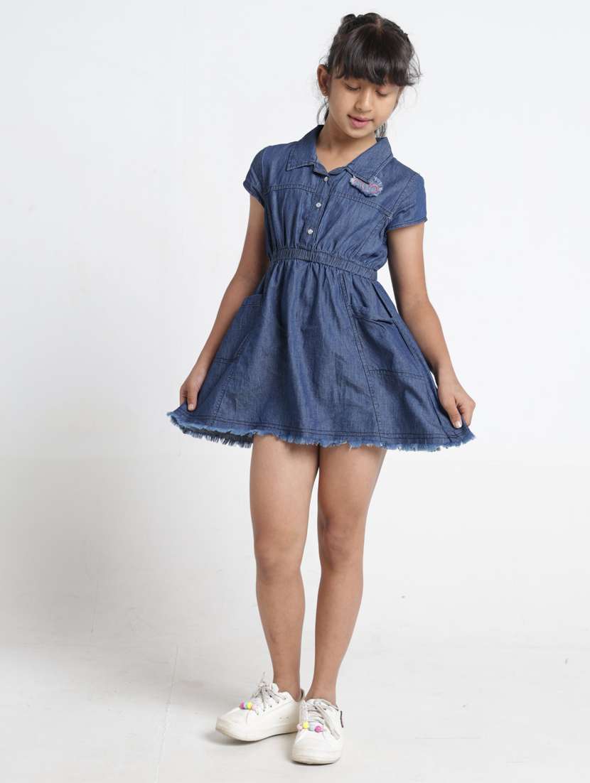 girls solid collared denim fit & flare dress - 22356436 -  Standard Image - 1