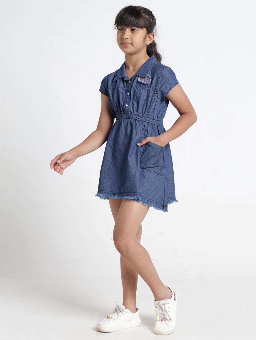 girls solid collared denim fit & flare dress - 22356436 -  Standard Image - 4