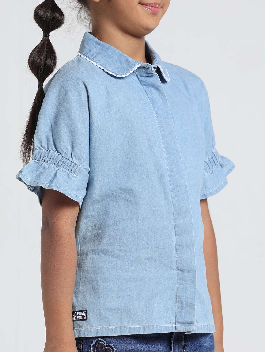 girls solid collared denim shirt top - 22356441 -  Standard Image - 1
