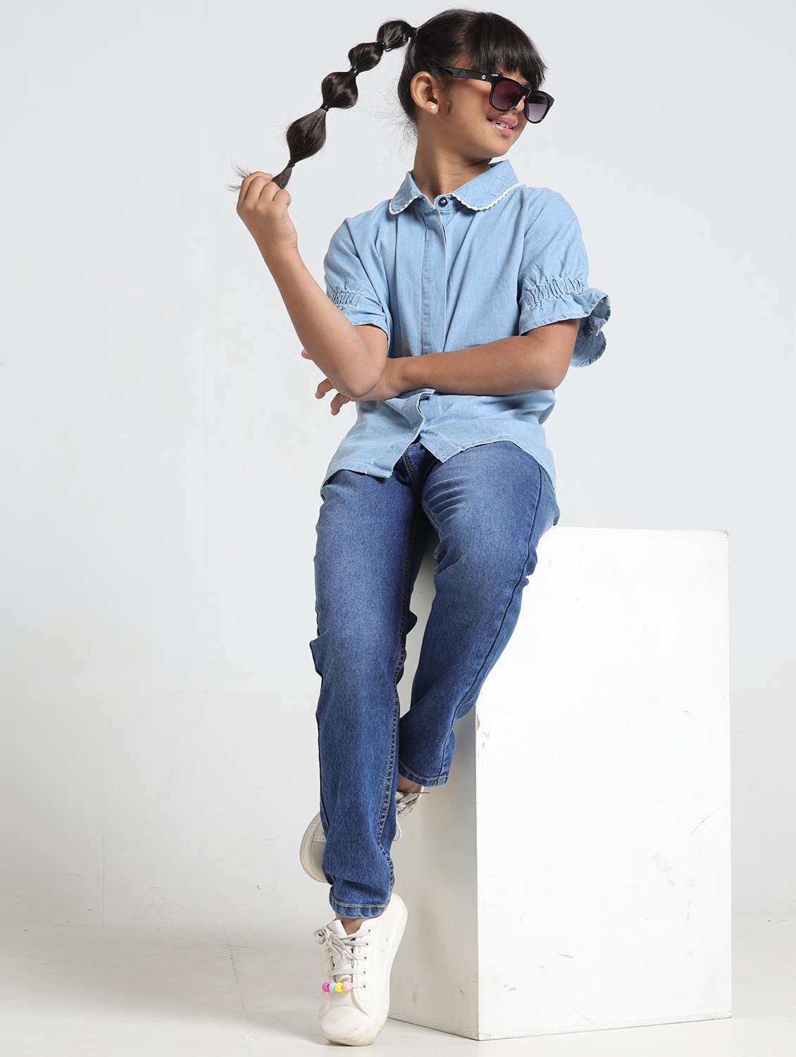 girls solid collared denim shirt top - 22356441 -  Standard Image - 4