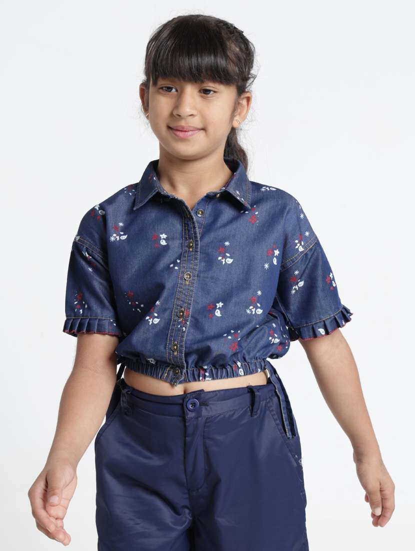 girls printed collared short sleeve crop top - 22356445 -  Standard Image - 1