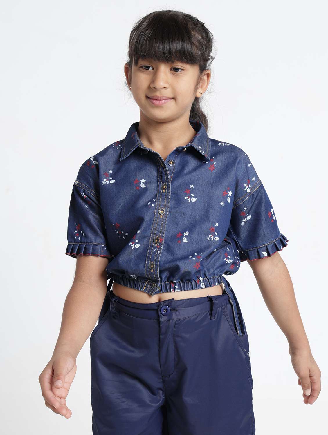 girls printed collared short sleeve crop top - 22356445 -  Standard Image - 1