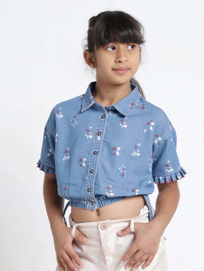 girls printed collared short sleeve crop top - 22356446 -  Standard Image - 1