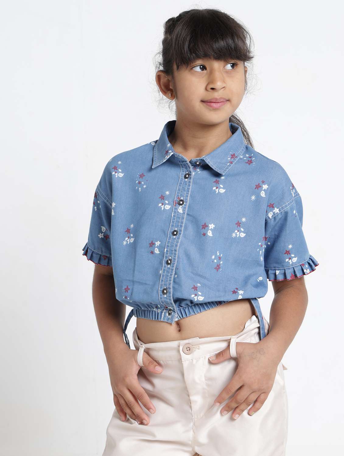 girls printed collared short sleeve crop top - 22356446 -  Standard Image - 1