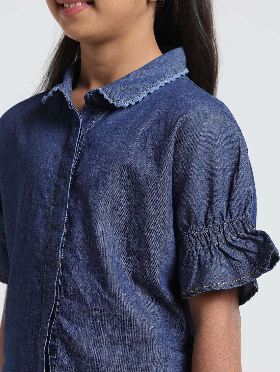 girls solid collared short sleeve denim shirt top - 22356452 -  Standard Image - 1