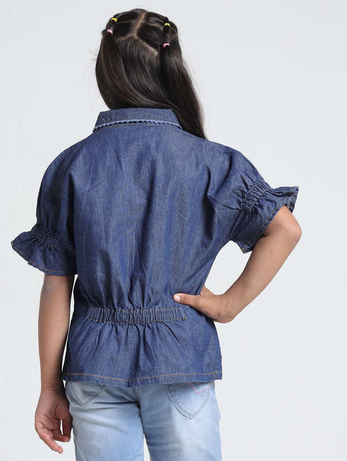 girls solid collared short sleeve denim shirt top - 22356452 -  Standard Image - 4