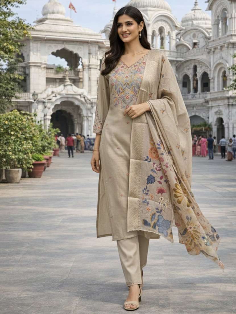 women solid with work three quarter sleeve kurta pant with dupatta set - 22357044 -  Standard Image - 1