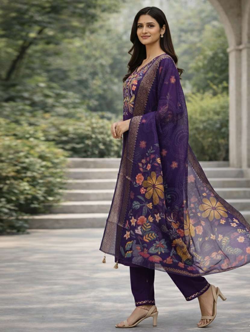 women solid with work three quarter sleeve kurta pant with dupatta set - 22357047 -  Standard Image - 1