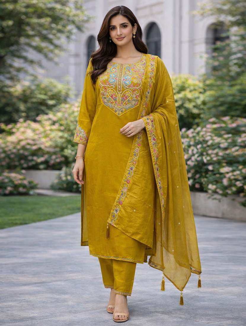 women solid with work three quarter sleeve kurta pant with dupatta set - 22357050 -  Standard Image - 1