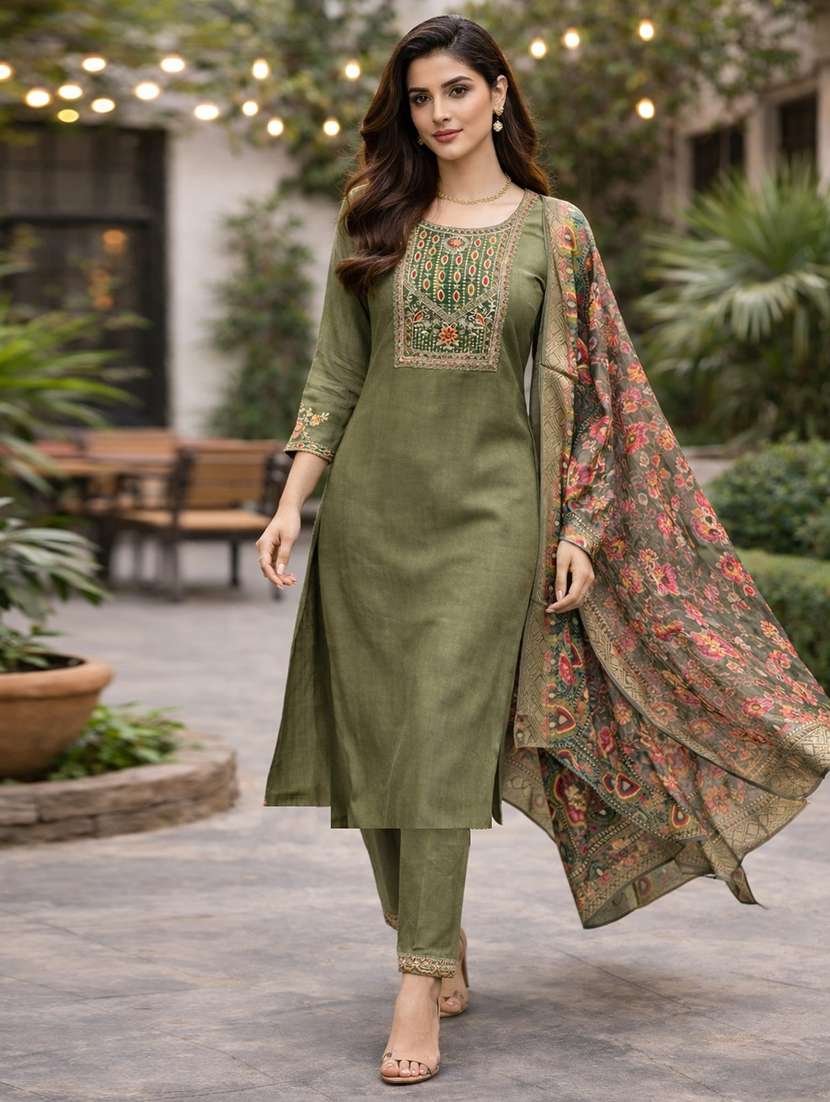 women solid with work three quarter sleeve kurta pant with dupatta set - 22357054 -  Standard Image - 1